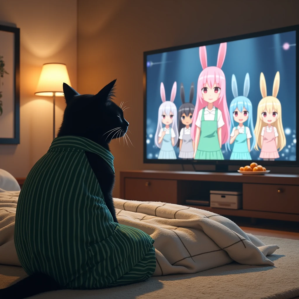 ultra-realistic, photorealistic, dramatic scene, shadow, global-illumination, the human-like giant black cat\(wearing a vertical striped green apron, sleepy, black cat, sitting on the floor at low table that covered by a heavy blanket, watching TV\), there is a low table fully covered with a light colored checked thick blanket on the large carpet in the stylish Japanese apartment room, a TV and shelf are in the room, the tv displays\(anime, cute anime, detailed large circle eyes, smile, 5 girls each colored extra long curly hair of pink and blue and silver and blonde and black with bunny's long eyes, live performance of a cute young idol singer girl wearing a pastel colored dress, bunny's ear, happy smile, cute girls, singing on stage, spot lighting\), stylish furnishings, mandarin oranges in the basket is on the low table, in winter,