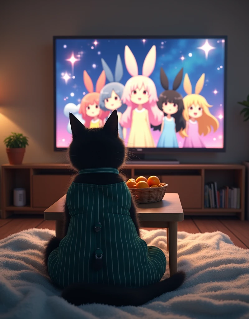 ultra-realistic, photorealistic, dramatic scene, shadow, global-illumination, the human-like giant black cat\(wearing a vertical striped green apron, sleepy, black cat, sitting on the floor at low table that covered by a heavy blanket, watching TV\), there is a low table fully covered with a light colored checked thick blanket on the large carpet in the stylish Japanese apartment room, a TV and shelf are in the room, the tv displays\(anime, cute anime, detailed large circle eyes, smile, 5 girls each colored extra long curly hair of pink and blue and silver and blonde and black with bunny's long eyes, live performance of a cute young idol singer girl wearing a pastel colored dress, bunny's ear, happy smile, cute girls, singing on stage, spot lighting\), stylish furnishings, mandarin oranges in the basket is on the low table, in winter,