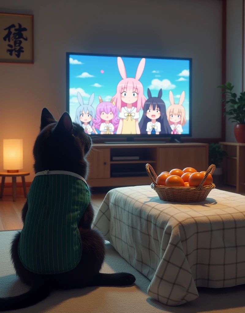 ultra-realistic, photorealistic, dramatic scene, shadow, global-illumination, the human-like giant black cat\(wearing a vertical striped green apron, sleepy, black cat, sitting on the floor at low table that covered by a heavy blanket, watching TV\), there is a low table fully covered with a light colored checked thick blanket on the large carpet in the stylish Japanese apartment room, a TV and shelf are in the room, the tv displays\(anime, cute anime, detailed large circle eyes, smile, 5 girls each colored extra long curly hair of pink and blue and silver and blonde and black with bunny's long eyes, live performance of a cute young idol singer girl wearing a pastel colored dress, bunny's ear, happy smile, cute girls, singing on stage, spot lighting\), stylish furnishings, mandarin oranges in the basket is on the low table, in winter,