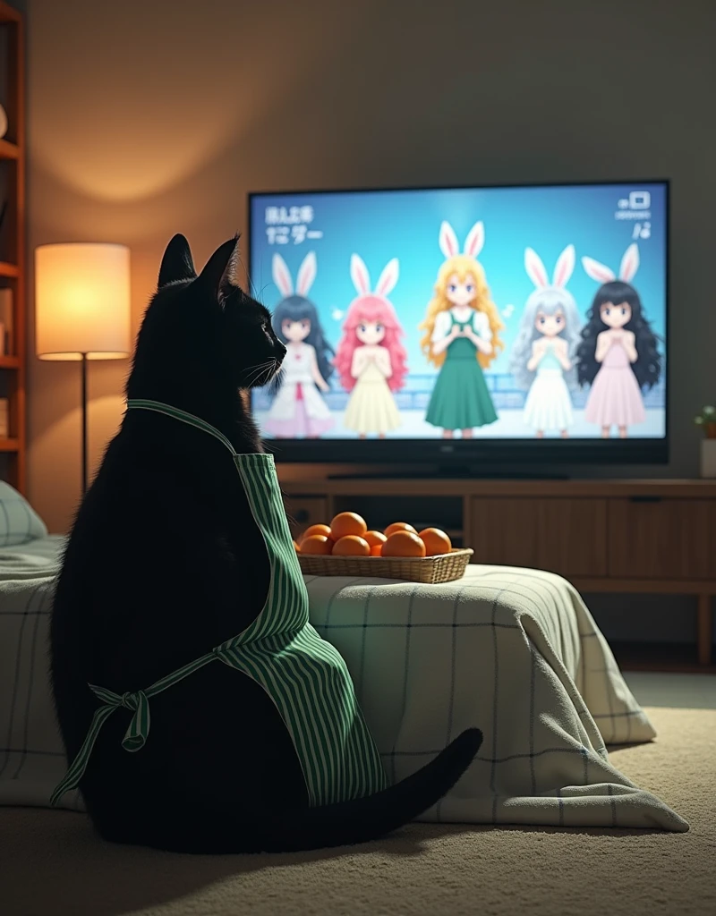 ultra-realistic, photorealistic, dramatic scene, shadow, global-illumination, the human-like giant black cat\(wearing a vertical striped green apron, sleepy, black cat, sitting on the floor at low table that covered by a heavy blanket, watching TV\), there is a low table fully covered with a light colored checked thick blanket on the large carpet in the stylish Japanese apartment room, a TV and shelf are in the room, the tv displays\(anime, cute anime, detailed large circle eyes, smile, 5 girls each colored extra long curly hair of pink and blue and silver and blonde and black with bunny's long eyes, live performance of a cute young idol singer girl wearing a pastel colored dress, bunny's ear, happy smile, cute girls, singing on stage, spot lighting\), stylish furnishings, mandarin oranges in the basket is on the low table, in winter,