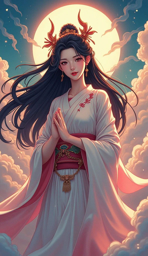  Beautiful Goddess Amaterasu, whole body, Japan's highest goddess ,  A gentle face,  beautiful dark hair, Takamagahara prayer, Vivid Rainbow Clouds ,  high image quality, masterpiece, cartoon anime , 