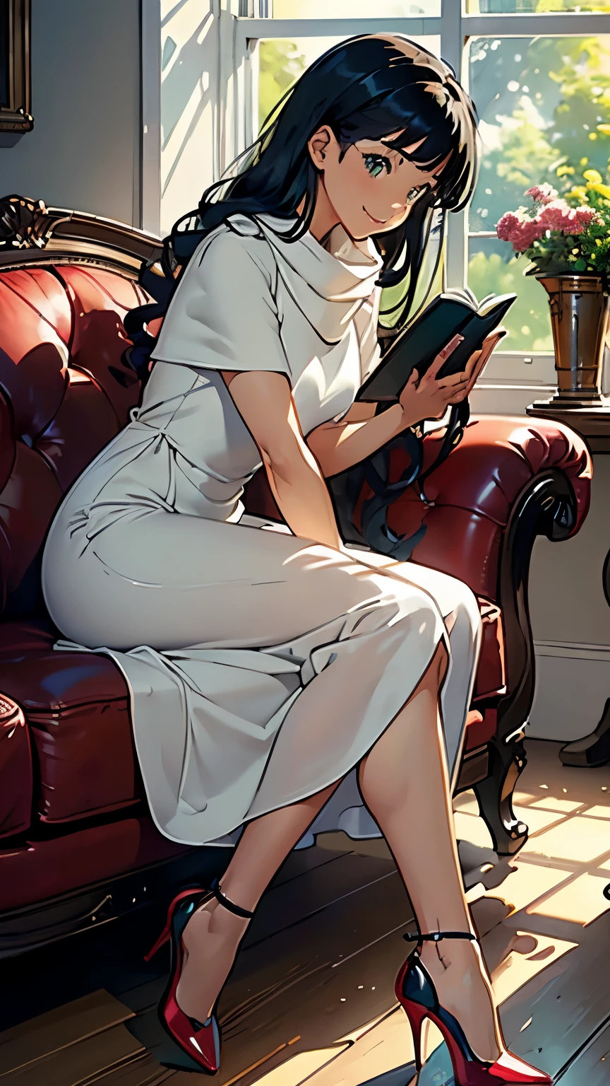 ((masterpiece, high resolution, better quality, better details)), ((Smiling)), ((one girl)) a girl speaking on the phone at a desk, full body, wearing a button-up blouse and wide-leg trousers, ((Louboutin high heels)), visible high heels, green eyes, ((black hair, long hair)), shiny skin, ((behind view)), solo, from behind, full body, focus full body, business casual, surrounded by office supplies