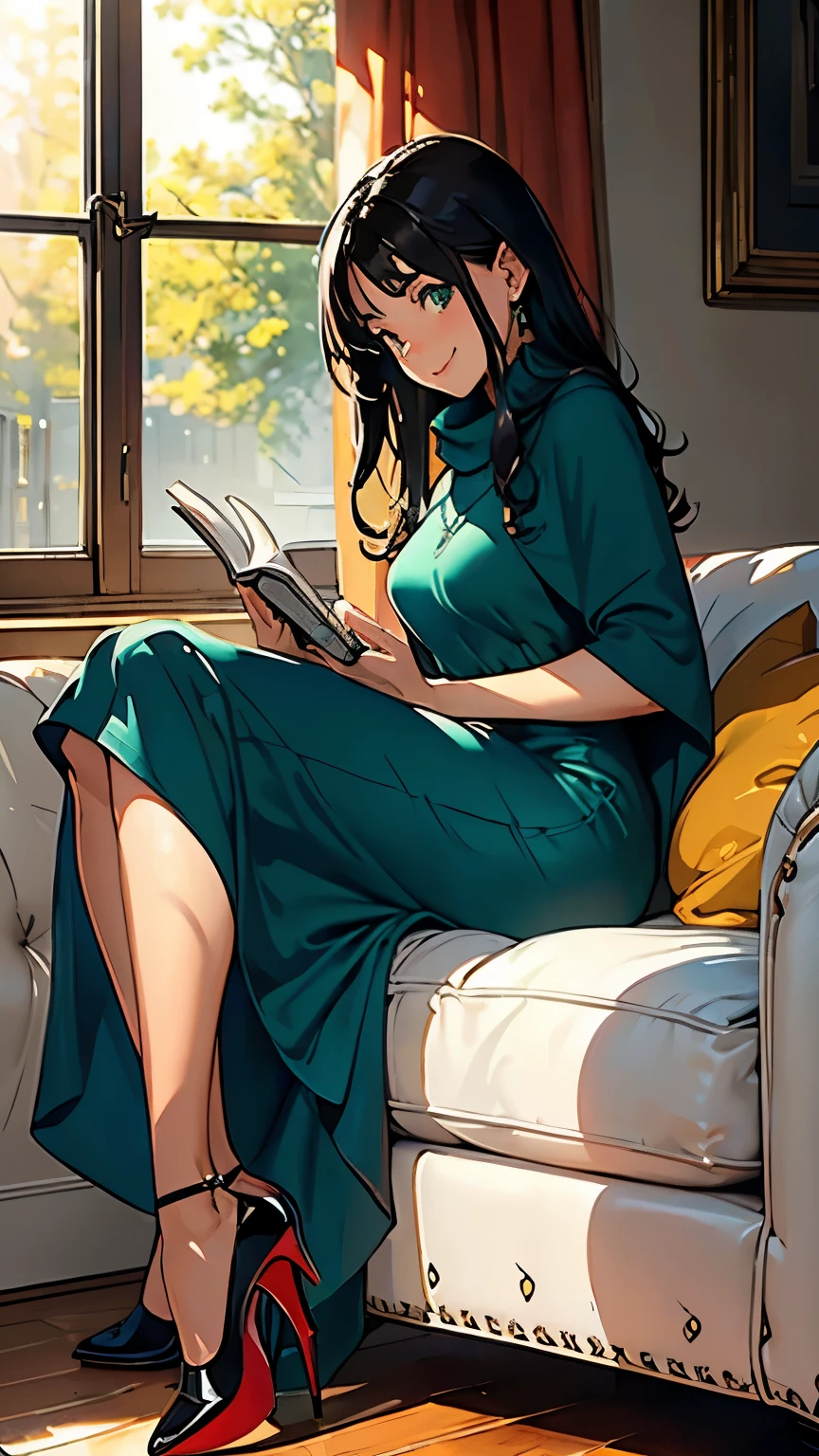 ((masterpiece, high resolution, better quality, better details)), ((Smiling)), ((one girl)) a girl speaking on the phone at a desk, full body, wearing a button-up blouse and wide-leg trousers, ((Louboutin high heels)), visible high heels, green eyes, ((black hair, long hair)), shiny skin, ((behind view)), solo, from behind, full body, focus full body, business casual, surrounded by office supplies