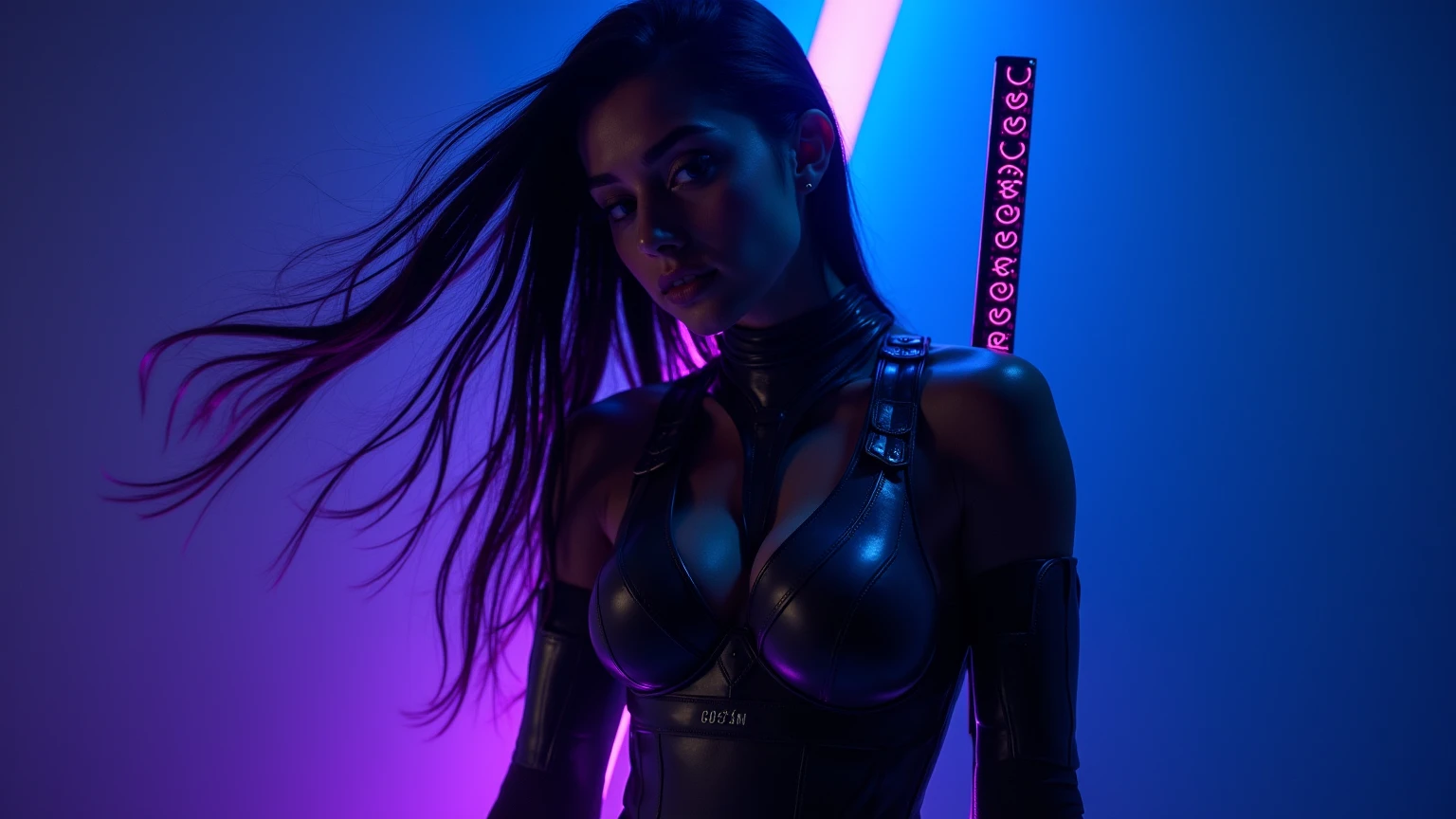 Una chica con el rostro de Amy lee, estilo synthwave, con un fondo de una Ciudad futurista, mini falda y tacones