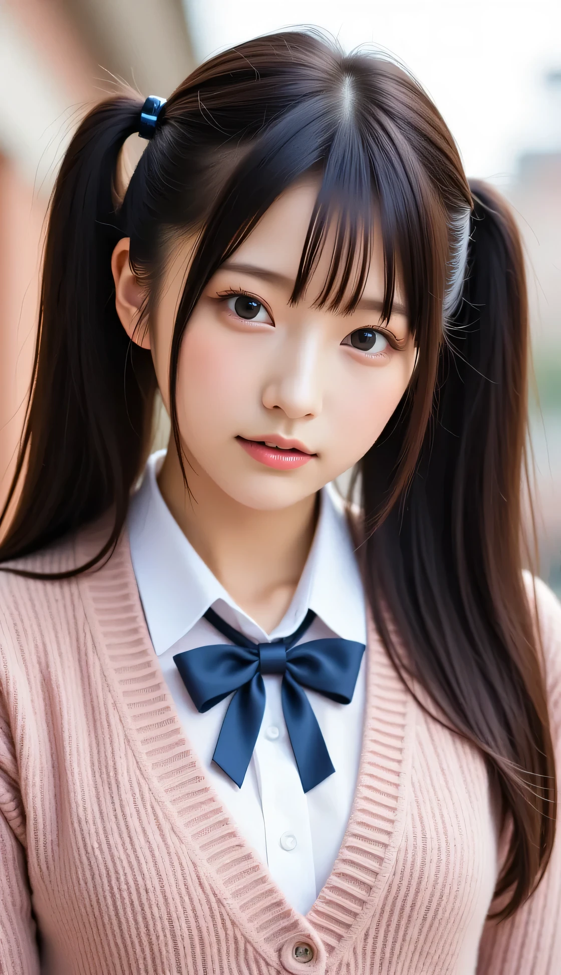 With mouth wide open, ((masterpiece, best quality:1.4)), (8k, RAW photo:1.2), (realistic, photo realistic:1.4), ultra high resolution, (high definition 8k wallpaper), Japanese Idols, Japanese actress, Japanese, very cute, large eyes, face and eyes, meticulously detailed, blood rushes back to my face, standing with beautiful eyes, glowing skin, portrait, (twintails:1.2), (smile:1.3), winter, **loose v-neck knit sweater**, busty, (busty:1.3), emphasized breasts, (sweater:1.2)