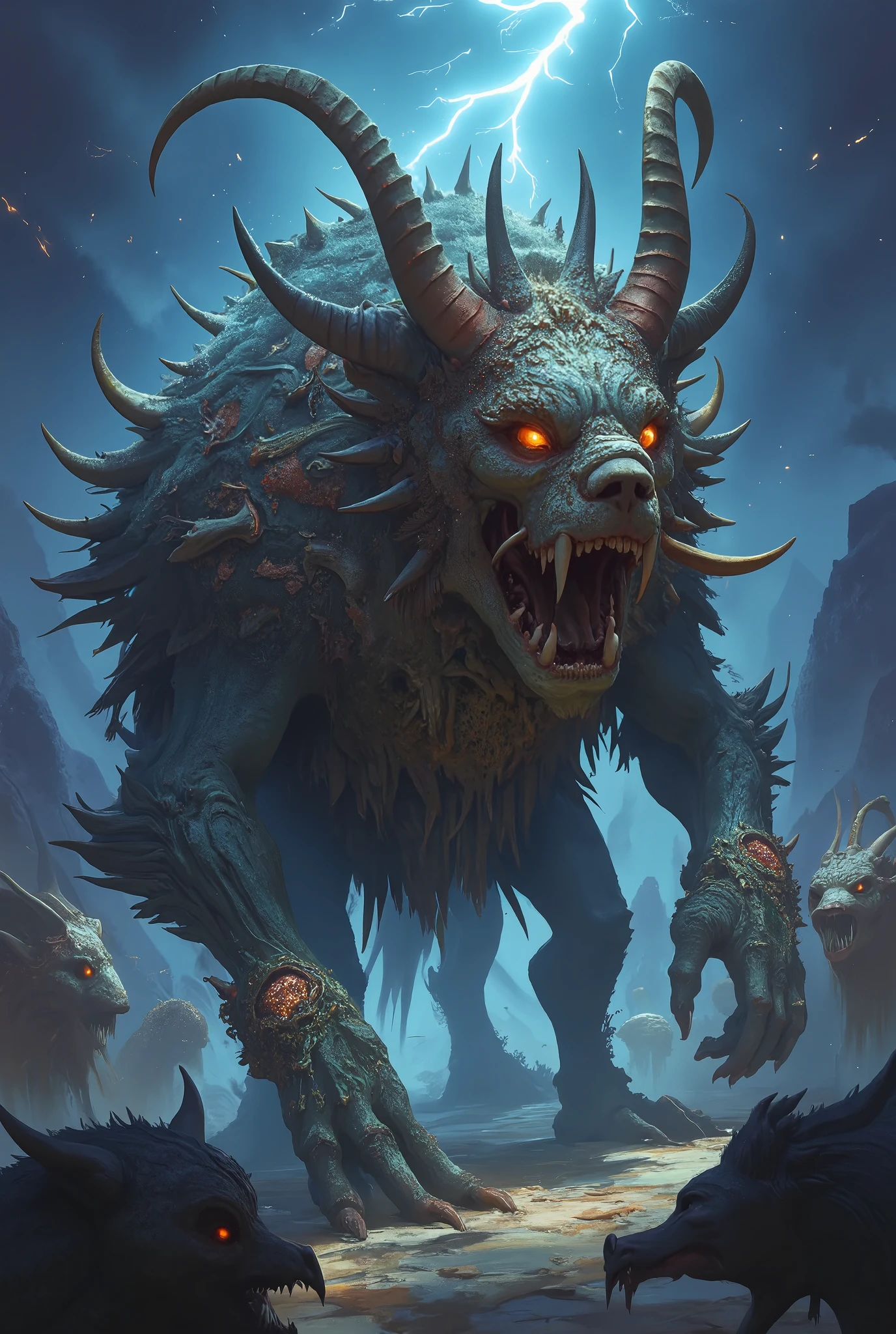 Zarnok ,  the King of the Dead Animals ,  represented as a hybrid and beastly creature .  He is a huge skeletal beast with traces of a wolf ,  lion and bear ,  covered by fragments of rotting skin and bones .  His head is monstrous ,  with sharp jaws ,  giant horns and glowing eyes in red .  He walks on four deformed legs ,  with sharp claws and a long tail made of bony spines .  A cloak made of copper animal bones part of his back ,  as he leads an army of Undead beasts in a desolate setting,  shrouded in mist ,  with a dark sky and lightning illuminating the environment .