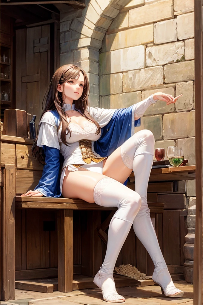 Corset top, loose brown skirt, long brunette hair, blue eyes, large breasts, sapphire necklace, thigh high boots, sitting, legs spread, smile