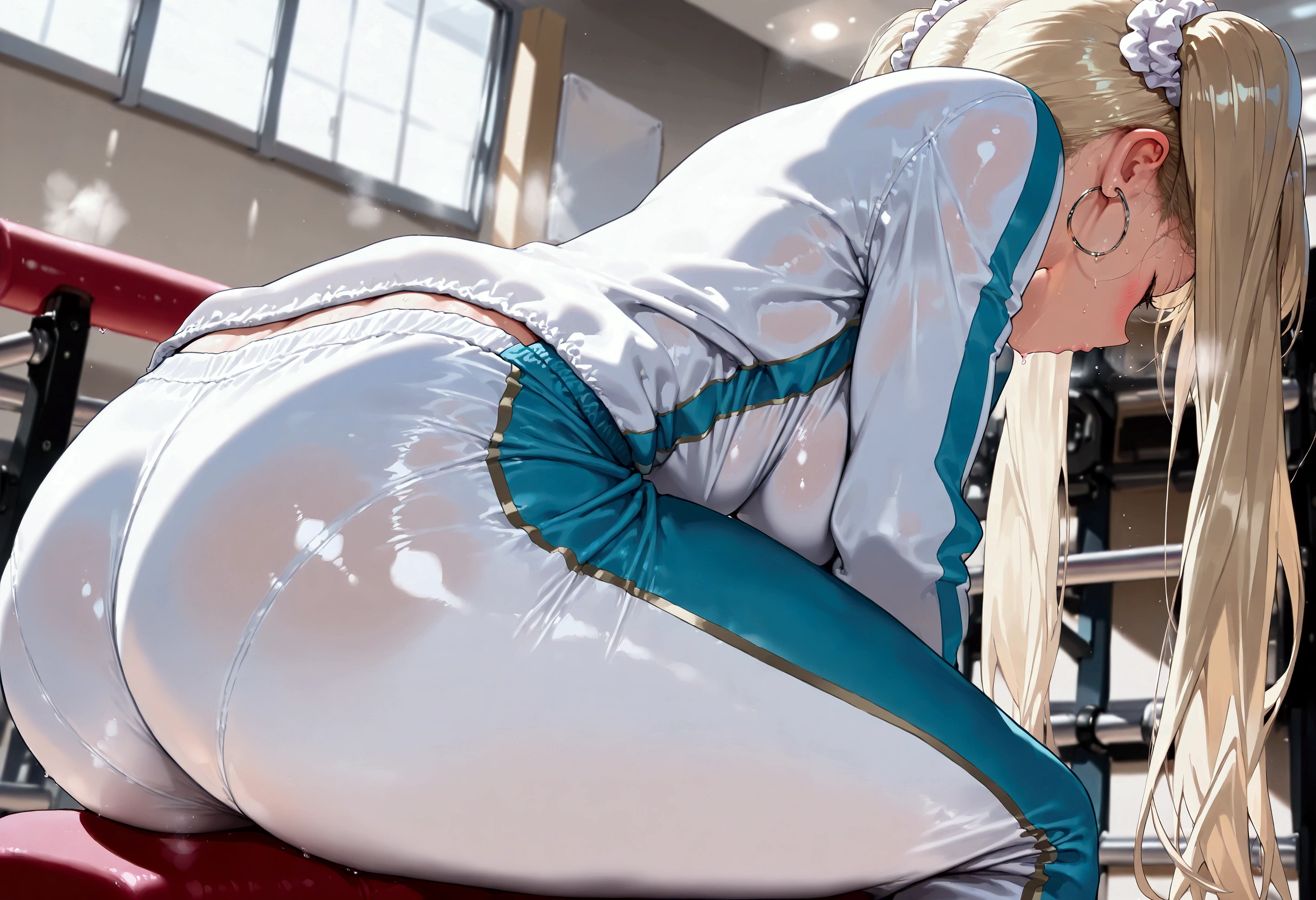 a girl sitting on gym Training equipment, ass, facing away, Lean forward, tracksuit, cute girl, solo, long hair, twintail hair, blonde hair with white ends, tucking hair, large chest, hoop Pierced earrings, glossy lips, blush, flawless smooth skin, flawless smooth skin, sweat, indoors, gym, (best quality,4k,8k,highres,masterpiece:1.2),ultra-detailed,intricate details, high fashion, dramatic lighting, cool colors, chiaroscuro