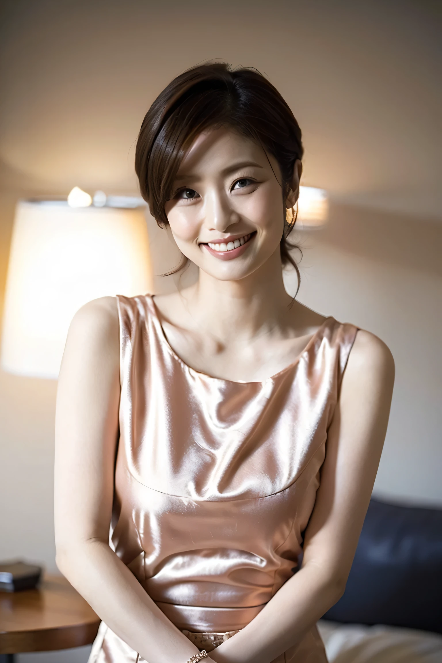 A cute woman in her 30s wearing a sleeveless one-piece dress and heels. She has a shy, endearing smile and is posing alone. The image is a high-quality, glamorous portrait with soft and elegant lighting, highlighting her cheerful and modest demeanor.

