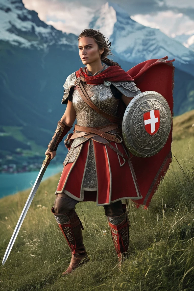 A 3D ultra-realistic scene in 8K resolution featuring a stunning 3rd-century Swiss warrior girl walking with strength and grace. She wears traditional armor inspired by ancient Swiss designs, crafted from steel and leather, adorned with intricate patterns in red, white, and silver, reflecting the colors of the Swiss flag. Her attire includes a fitted tunic, a decorated leather belt, and a flowing cloak. In her right hand, she grips a traditional Swiss sword, its gleaming blade sharp and ready for battle, while in her left hand, she holds a large round shield with the Swiss cross emblazoned on it.

The background showcases the majestic Swiss Alps, with snow-capped peaks, lush meadows, and crystal-clear lakes. Cinematic lighting highlights her armor, sword, shield, and powerful presence, embodying beauty, strength, and national pride.

