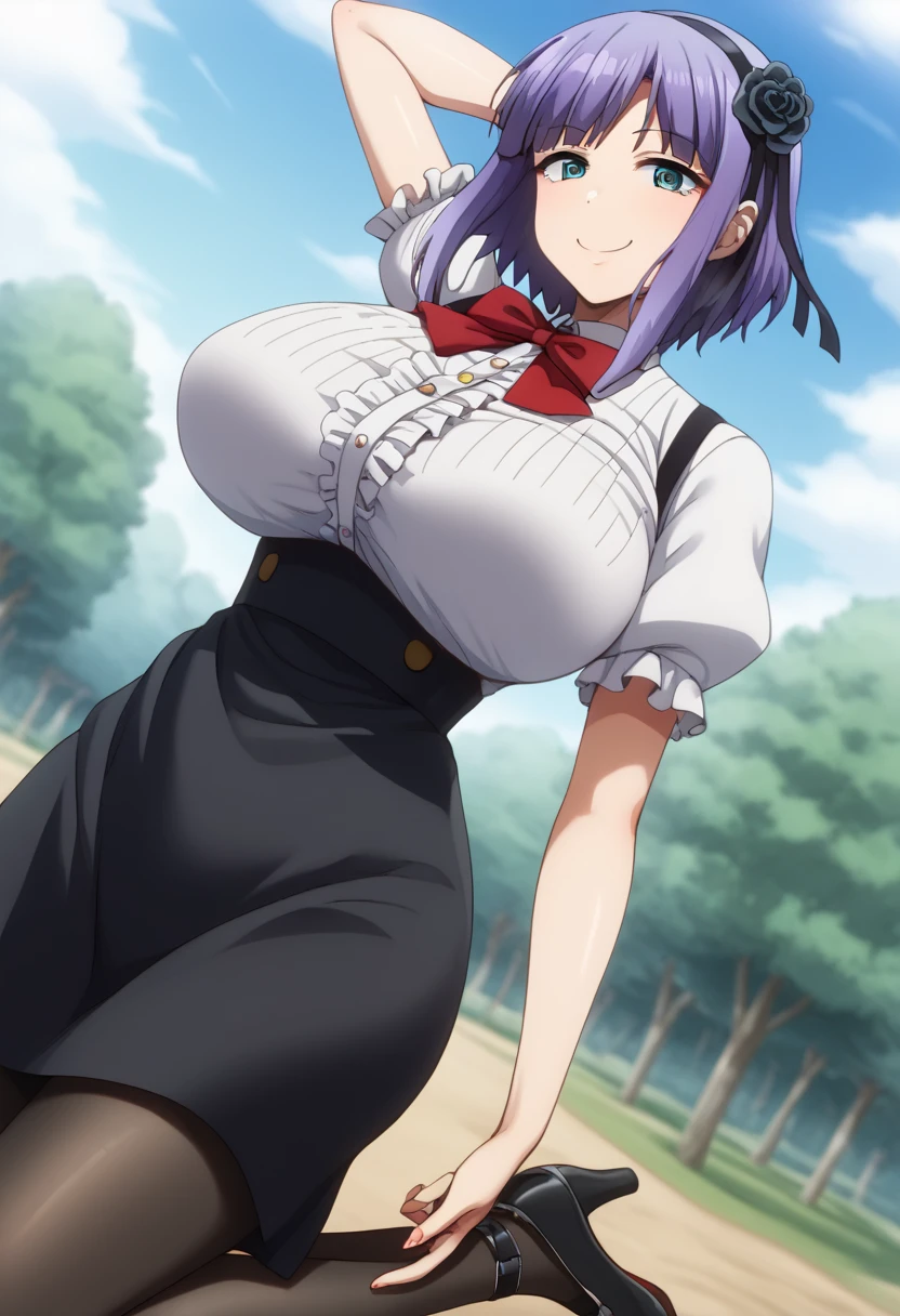 score_9, score_8_ up, score_7_ up,  Source_Anime, hotaru shidare,  short hair,  blue eyes,  hair accessories, Purple Hair, flower,  headband,  hair flower,  puffy eyes,  Big Breasts,,  skirt,  pantyhose,  high heels by Miguel, black  pantyhose, high-waist  skirt,  shirt, frilled  shirt,  bow tie, red  bow tie,  puffy sleeve, Short sleeve,,  bike ride , countryside, Gravel road, tree々, Afternoon Sun, Peaceful, Alone, smile,  viewers, hand behind head, Alone,,  the cowboy shot,  Dutch angle、 zzz c  up , Exploding chest,Extra Largeの Big Breasts,Big Breasts, Big Breasts,超Big Breasts, s  upermilk ,big Breasts,big Breasts,Big Breasts,Big big breasts,bigger breasts,big,セクシーな大きなシリコンの Big Breasts,セクシーなビッグサイズのシリコン製Big Breasts, saggy breasts,((垂れ下がった Big Breasts)),((重く垂れた Big Breasts:1.5))、Obscene body,Fat ,,  erotic manga style stiletto body 、  mature body steam  、 Sir's huge  、 Sir's huge  、 Excessive 、 Extra Large、 over covered ,  hidden chest erections  、 腹筋 ものすごくbig乳房、 very big breasts、Breasts that take  up half of the body