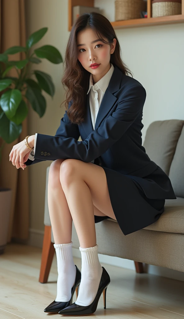 Wear black high heels,Wearing black stockings,black heels,black lence stockings
