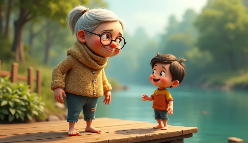 Generate an image showing old lady and Little child seat on banch and they both are clearing they goggles lens and from old ladys goggles she show the world with greenary and from little child show
the world with no tree