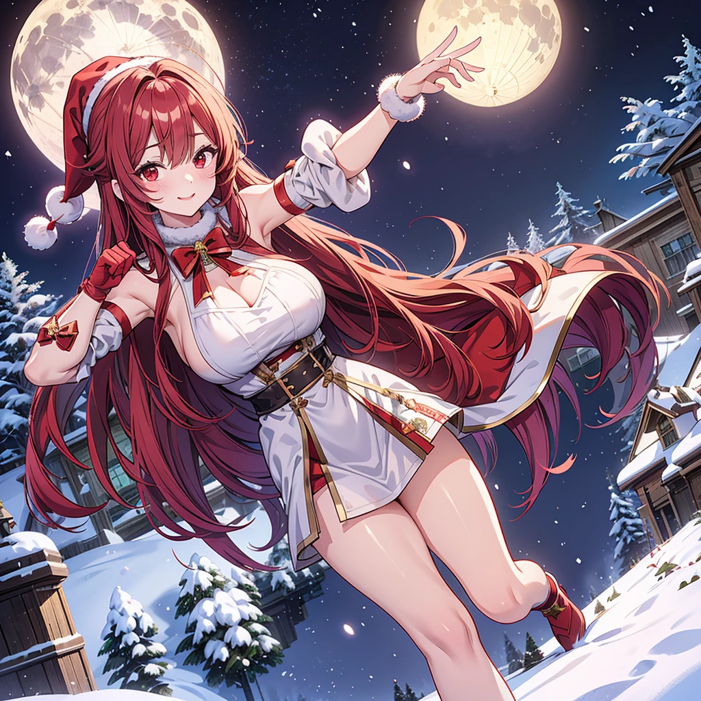  Christmas illustration , Silent Night,  Santa's Clothes, 64K image quality , Warm clothes,  christmas cosplay,  anime style to cover left eye, Red long hair, Best quality, Two arms, Nozoru Regime ,  Masterpiece ,  long bangs, Beautiful sides , Perfect Human Medicine,  thin long ponytail,  red eyes, Long narrow eyes, Intake Hair, {{{ Santa cosplay }}}, Sexually seductive poses,  posing on the roof of a private house, Snow Country Moon ,Countless Stars,  snows, Big Breasts,  thick thighs across a barrel,  long legs , Bad Smile,  adult woman,  Tall,  top quality 、 super detailed eyes,  super high image quality,  dynamic illustration, Beautiful atmosphere, A large amount of transparent soap bubbles,