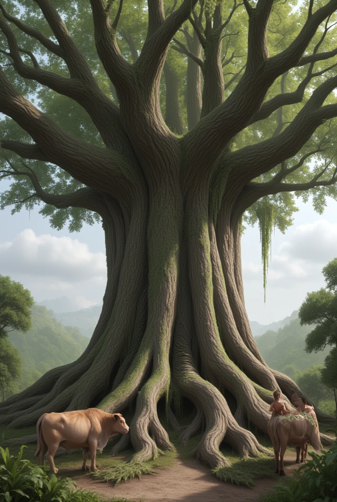 A giant tree with a rich green color that uses living things such as cows and humans as fertilizer