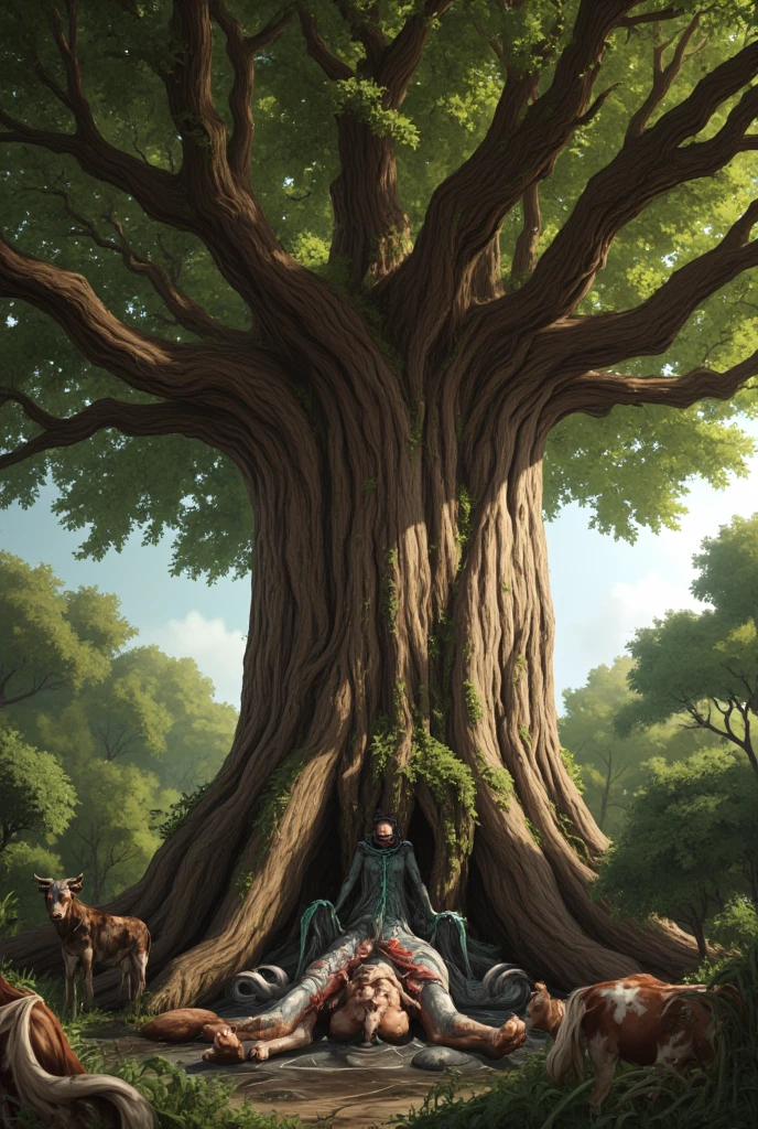 A giant tree with a rich green color that uses living things such as cows and humans as fertilizer