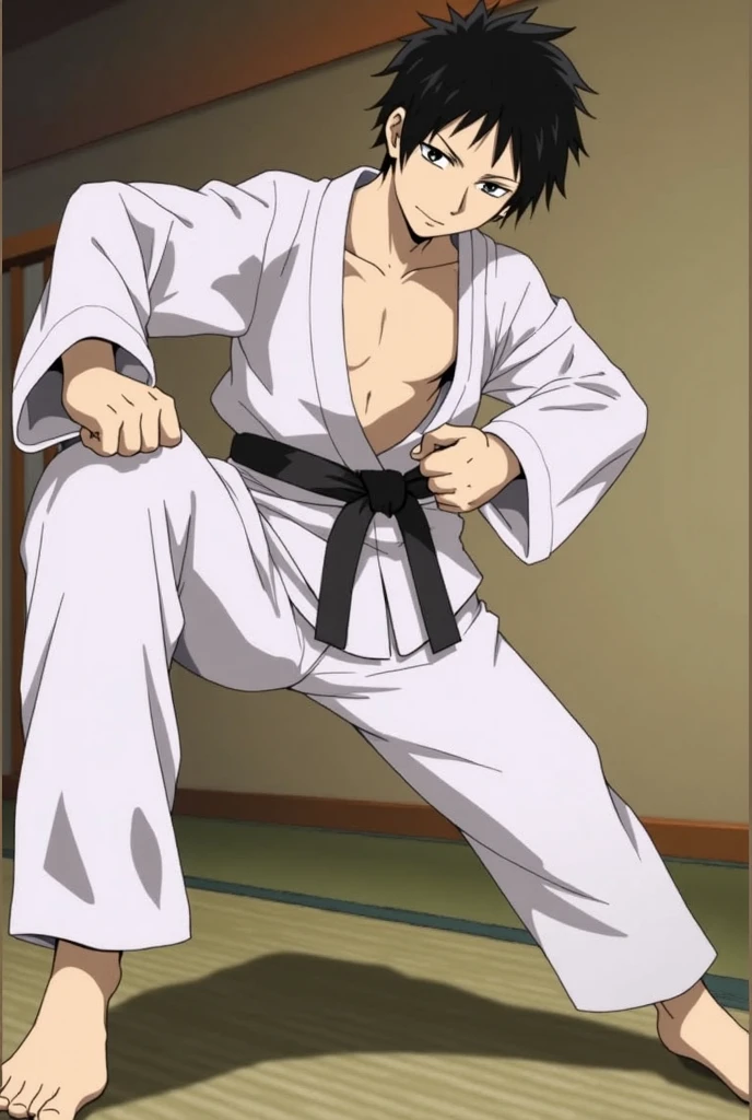 anime:1.3, (11-years-young-boy:1.3),(ikezawa_kazuma:1.2 + summer wars, <lora:ikezawa-000012:0.9> ikezawa, 1boy, brown hair, brown eyes,  dark skin, hair over one eye, headphones, dark-skinned male), male focus, (scared), ((white-judogi)), (white long pants), fighting stance, ((japanese otaku room)), masterpiece, best quality,
