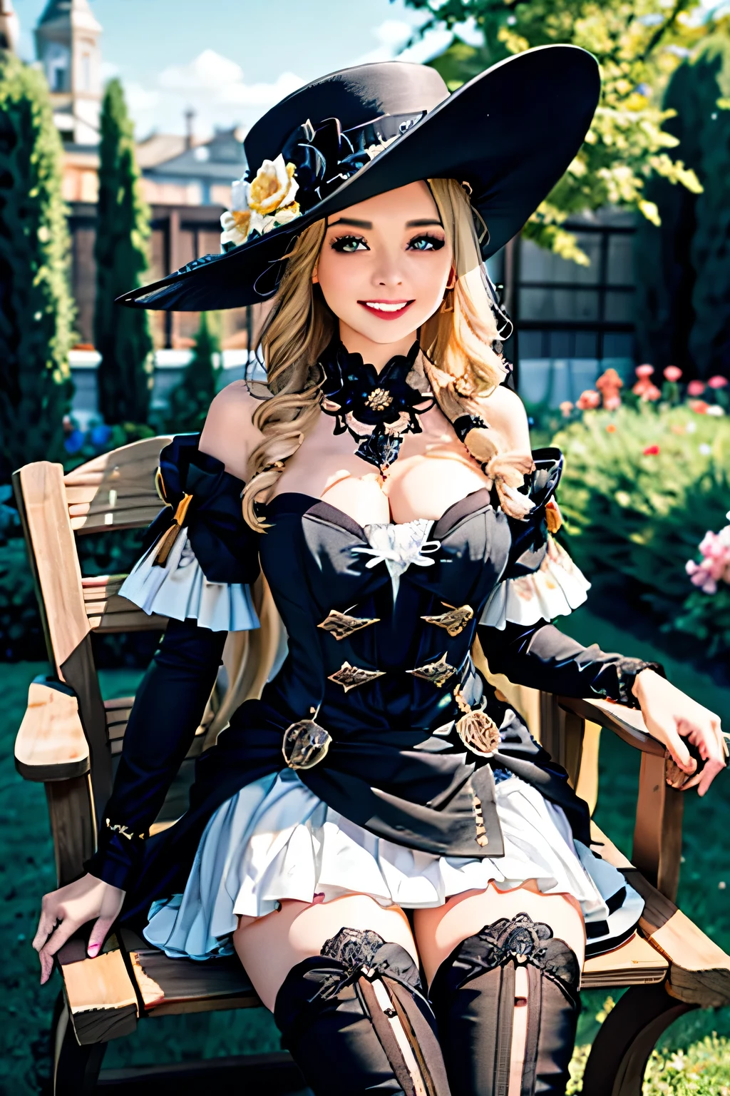 1 girl, Návia  \(Impacto Genshin\), Alone,  fancy hat, thigh boots,  highlighted sleeves , single glove,  strapless dress, collarinho destacado, saia showgirl, collar, waist layer, smile,  shot of cowboy , sitting, garden,  outdoor,  depth of field , Mesa, chair, noodle, the cake, Art work
