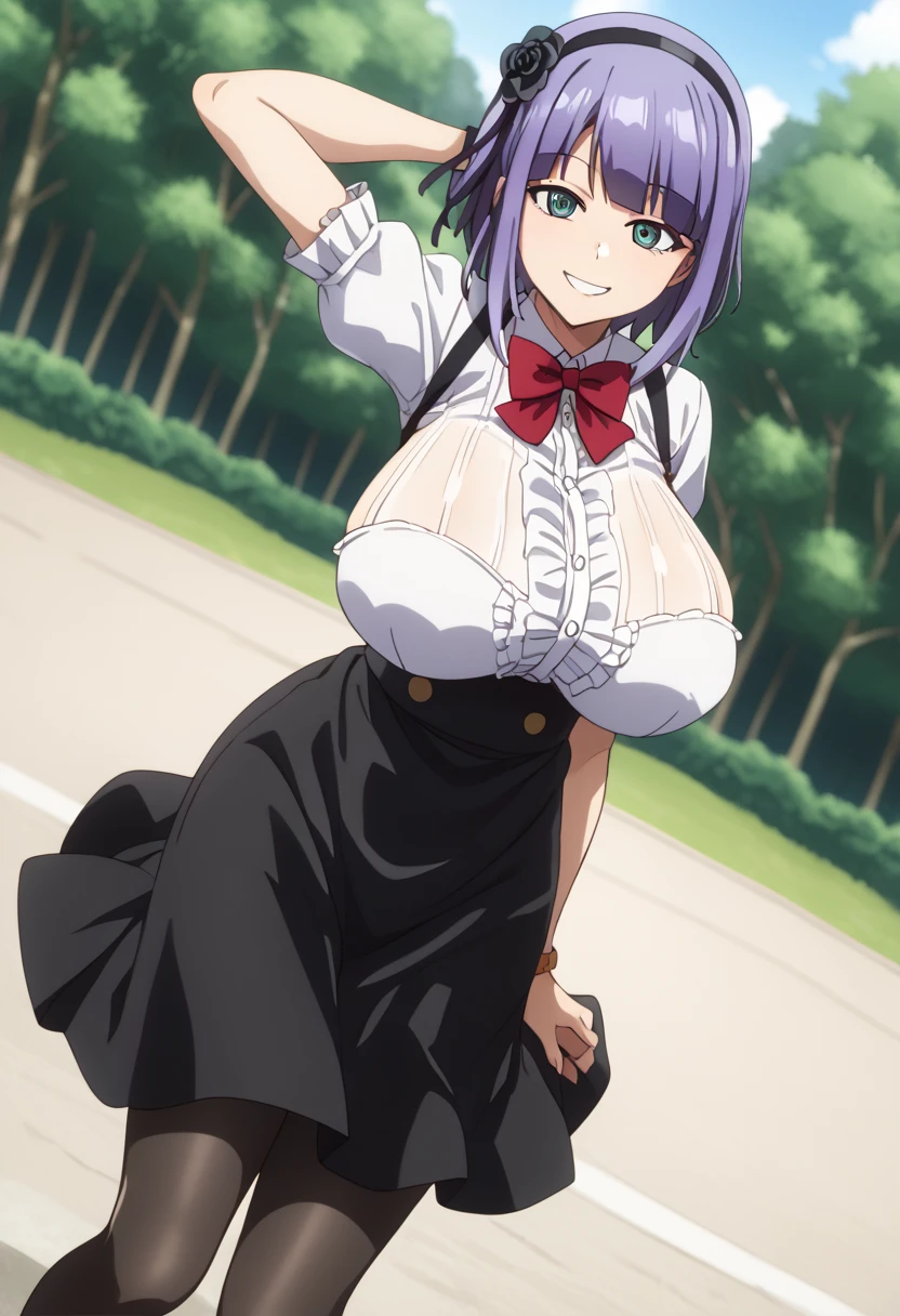 score_9, score_8_ up, score_7_ up,  Source_Anime, hotaru shidare,  short hair,  blue eyes,  hair accessories, Purple Hair, flower,  headband,  hair flower,  puffy eyes, Big Breasts,,  skirt,  pantyhose,  high heels by Miguel, black  pantyhose, high-waist  skirt,  shirt, frilled  shirt,  bow tie, red  bow tie,  puffy sleeve, Short sleeve,,  bike ride , countryside, Gravel road, tree々, Afternoon Sun, Peaceful, Alone, smile,  viewers, hand behind head, Alone,,  the cowboy shot,  Dutch angle、 zzz c  up , Exploding chest,Extra Largeの Big Breasts,Big Breasts, Big Breasts,超Big Breasts, s  upermilk ,big Breasts,big Breasts,Big Breasts,Big big breasts,bigger breasts,big,セクシーな大きなシリコンの Big Breasts,セクシーなビッグサイズのシリコン製Big Breasts, saggy breasts,((垂れ下がった Big Breasts)),((重く垂れた Big Breasts:1.5))、Obscene body,Fat ,,  erotic manga style stiletto body 、  mature body steam  、 Sir's huge  、 Sir's huge  、 Excessive 、 Extra Large、 over covered ,  hidden chest erections  、 腹筋 ものすごくbig乳房、 very big breasts、Breasts that take  up half of the body