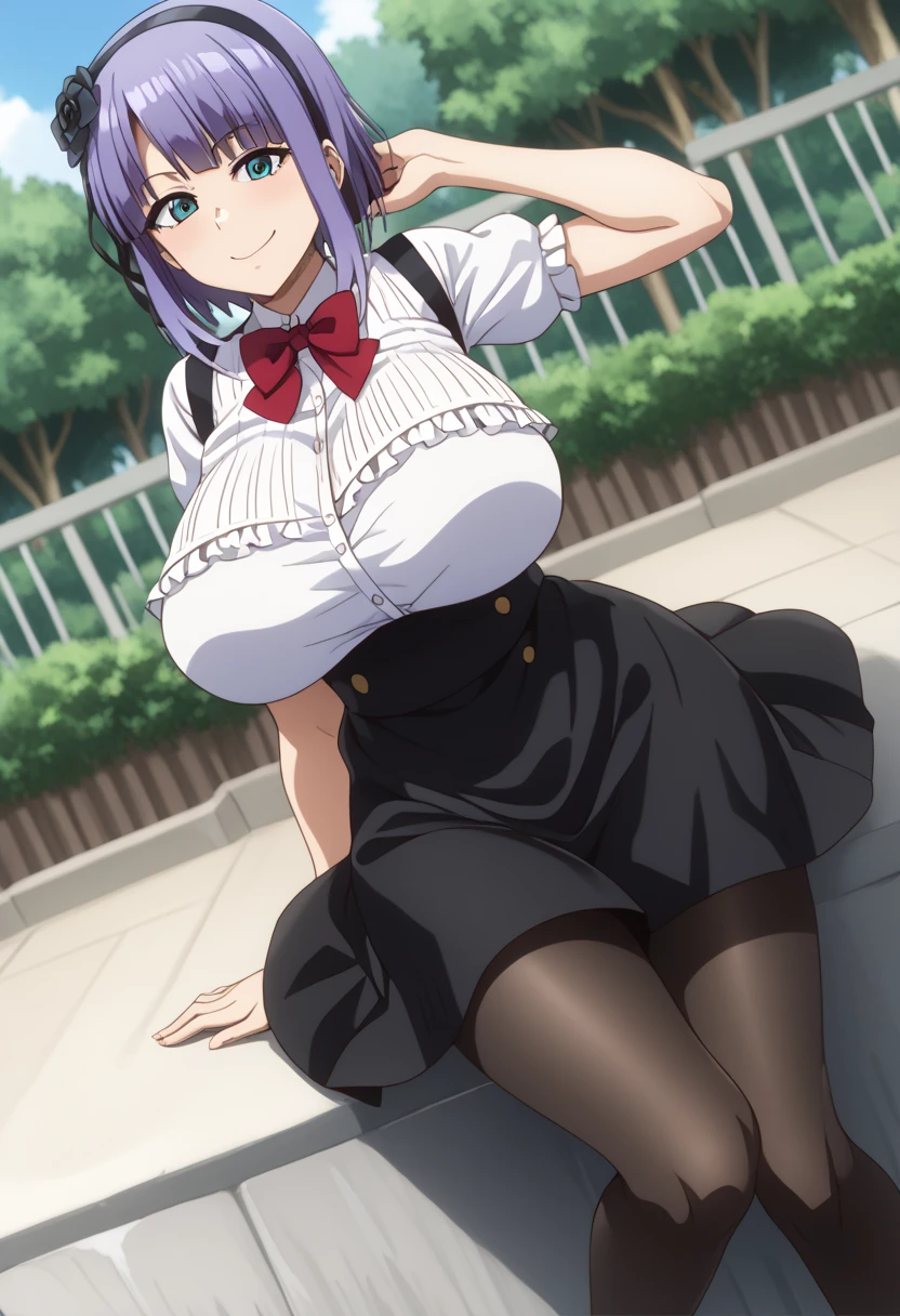 score_9, score_8_ up, score_7_ up,  Source_Anime, hotaru shidare,  short hair,  blue eyes,  hair accessories, Purple Hair, flower,  headband,  hair flower,  puffy eyes, Big Breasts,,  skirt,  pantyhose,  high heels by Miguel, black  pantyhose, high-waist  skirt,  shirt, frilled  shirt,  bow tie, red  bow tie,  puffy sleeve, Short sleeve,,  bike ride , countryside, Gravel road, tree々, Afternoon Sun, Peaceful, Alone, smile,  viewers, hand behind head, Alone,,  the cowboy shot,  Dutch angle、 zzz c  up , Exploding chest,Extra Largeの Big Breasts,Big Breasts, Big Breasts,超Big Breasts, s  upermilk ,big Breasts,big Breasts,Big Breasts,Big big breasts,bigger breasts,big,セクシーな大きなシリコンの Big Breasts,セクシーなビッグサイズのシリコン製Big Breasts, saggy breasts,((垂れ下がった Big Breasts)),((重く垂れた Big Breasts:1.5))、Obscene body,Fat ,,  erotic manga style stiletto body 、  mature body steam  、 Sir's huge  、 Sir's huge  、 Excessive 、 Extra Large、 over covered ,  hidden chest erections  、 腹筋 ものすごくbig乳房、 very big breasts、Breasts that take  up half of the body