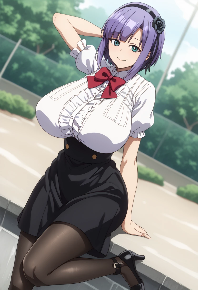 score_9, score_8_ up, score_7_ up,  Source_Anime, hotaru shidare,  short hair,  blue eyes,  hair accessories, Purple Hair, flower,  headband,  hair flower,  puffy eyes, Big Breasts,,  skirt,  pantyhose,  high heels by Miguel, black  pantyhose, high-waist  skirt,  shirt, frilled  shirt,  bow tie, red  bow tie,  puffy sleeve, Short sleeve,,  bike ride , countryside, Gravel road, tree々, Afternoon Sun, Peaceful, Alone, smile,  viewers, hand behind head, Alone,,  the cowboy shot,  Dutch angle、 zzz c  up , Exploding chest,Extra Largeの Big Breasts,Big Breasts, Big Breasts,超Big Breasts, s  upermilk ,big Breasts,big Breasts,Big Breasts,Big big breasts,bigger breasts,big,セクシーな大きなシリコンの Big Breasts,セクシーなビッグサイズのシリコン製Big Breasts, saggy breasts,((垂れ下がった Big Breasts)),((重く垂れた Big Breasts:1.5))、Obscene body,Fat ,,  erotic manga style stiletto body 、  mature body steam  、 Sir's huge  、 Sir's huge  、 Excessive 、 Extra Large、 over covered ,  hidden chest erections  、 腹筋 ものすごくbig乳房、 very big breasts、Breasts that take  up half of the body