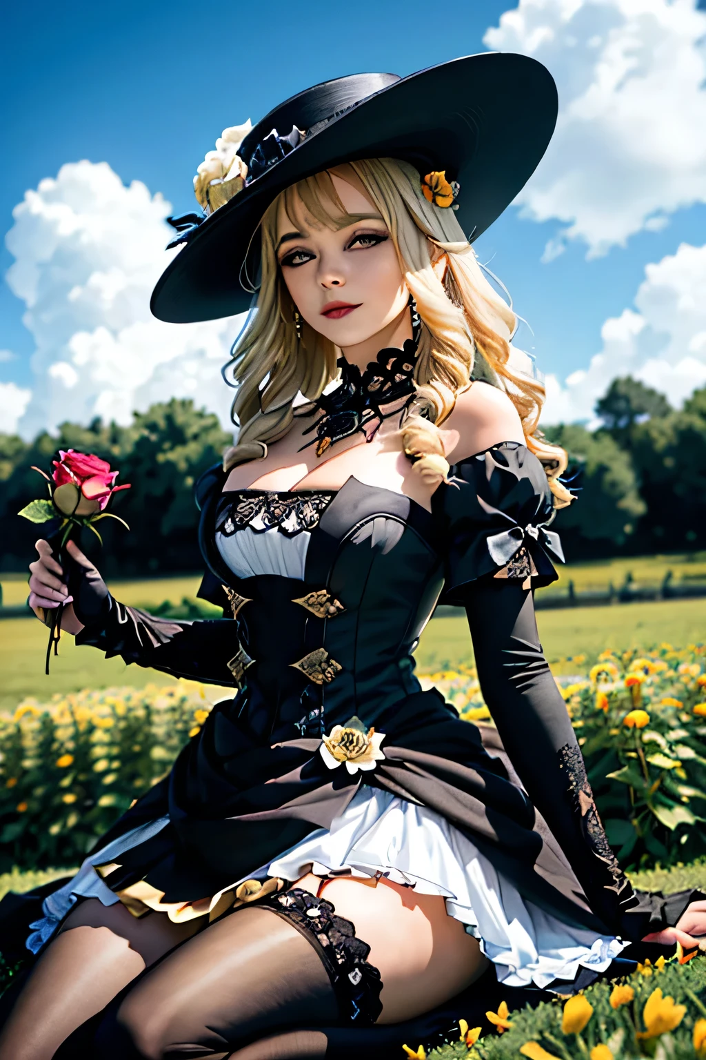 1 girl, Návia \(Impacto Genshin\), alone, ((Field with flowers with a rose in hand)),((Illustrations, Artgerm )),(Really, sense of reality:1.4),( perfect lighting , lententos, artgerm highlighted collar), fancy hat, thigh boots, highlighted sleeves , single glove, strapless dress, extremely detailed , saia showgirl, collar, waist layer, smile, shot of cowboy , sitting, outdoor, depth of field , ((Opening: f/2.0)), (( depth of field : Average)), ((Angle of 3/4)), ((Spring: grande-angular de 24mm)), (close-up:1.2)), (modern and sophisticated custom interior design, UHD), | pov view