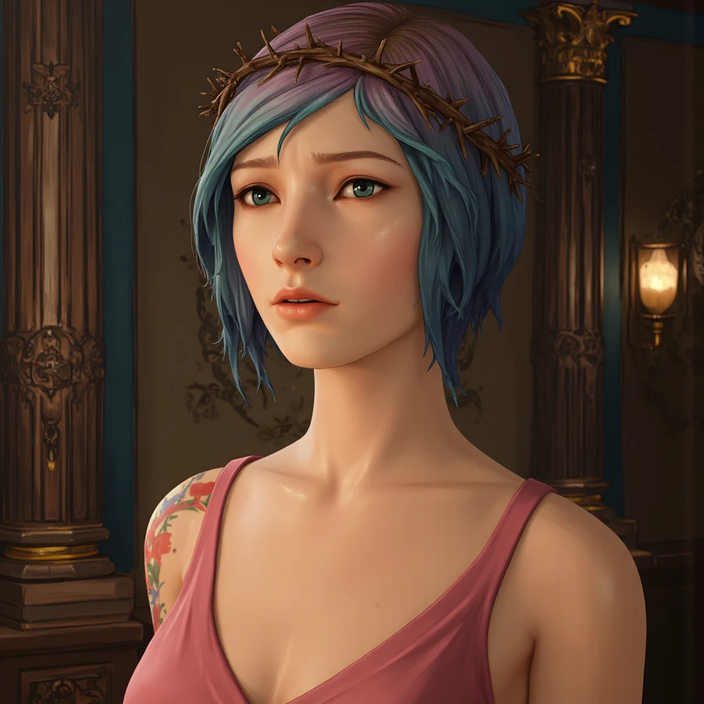 A Renaissance and Baroque art of Chloe Price (Life Is Strange), she wears a crown of thorns, sad look , Looking like women in baroque paintings, Leonardo Da Vinci art style, Vincent Van Gogh painting type, carefully painting, expressive, she wears a pink baroque/ Greek dress