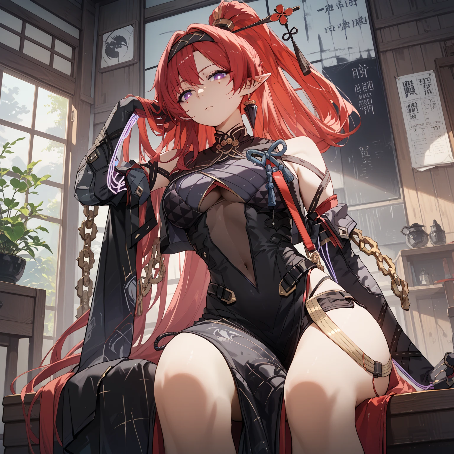 yinlin, purple eyes, pointy ears, red hair, absurdly long hair, high ponytail, hairband, hairpin, tassel, earring, mole, mole under eyes, katsuyamamage, detached sleeves, bare shoulders, black bodysuit, black gloves, black shorts, bodysuit, covered navel, elbow gloves, jewelry, pelvic curtain, short shorts, side slit, Sit, Room, Displeased face, Beautiful view, good atmosphere