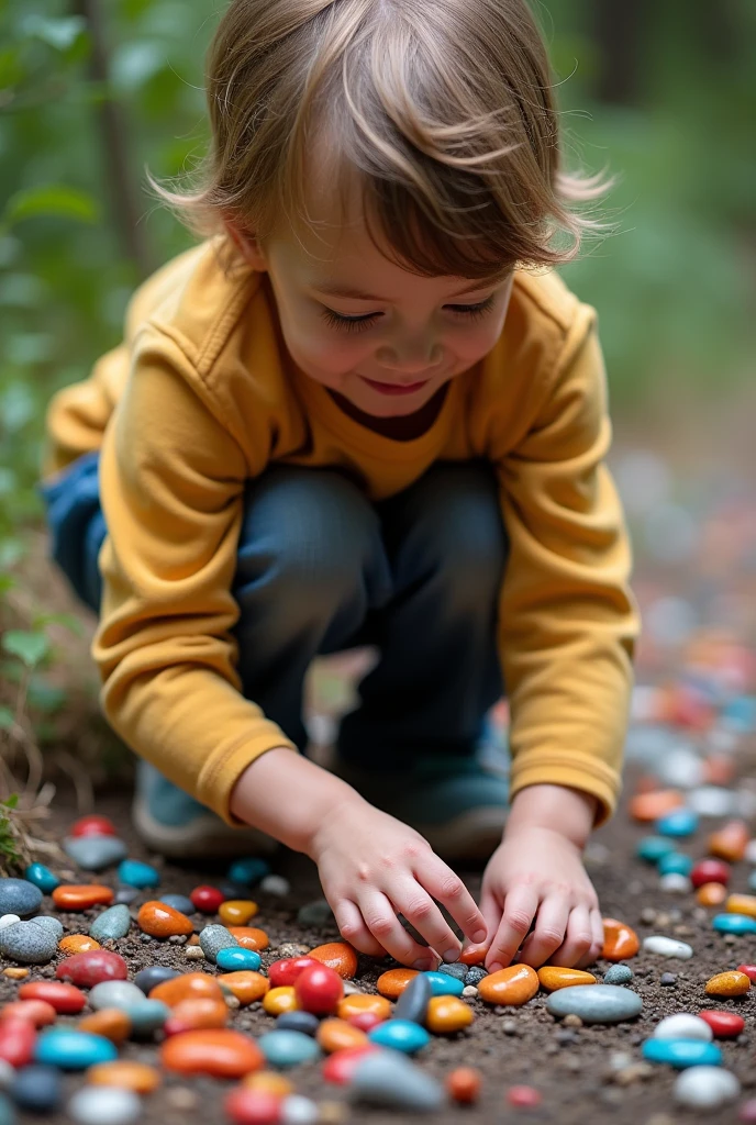 A Small kid with a body made out of pebbles standing while tearing himslef apart and hanging the pebbles to an older version of themselves with a body made out of stone 