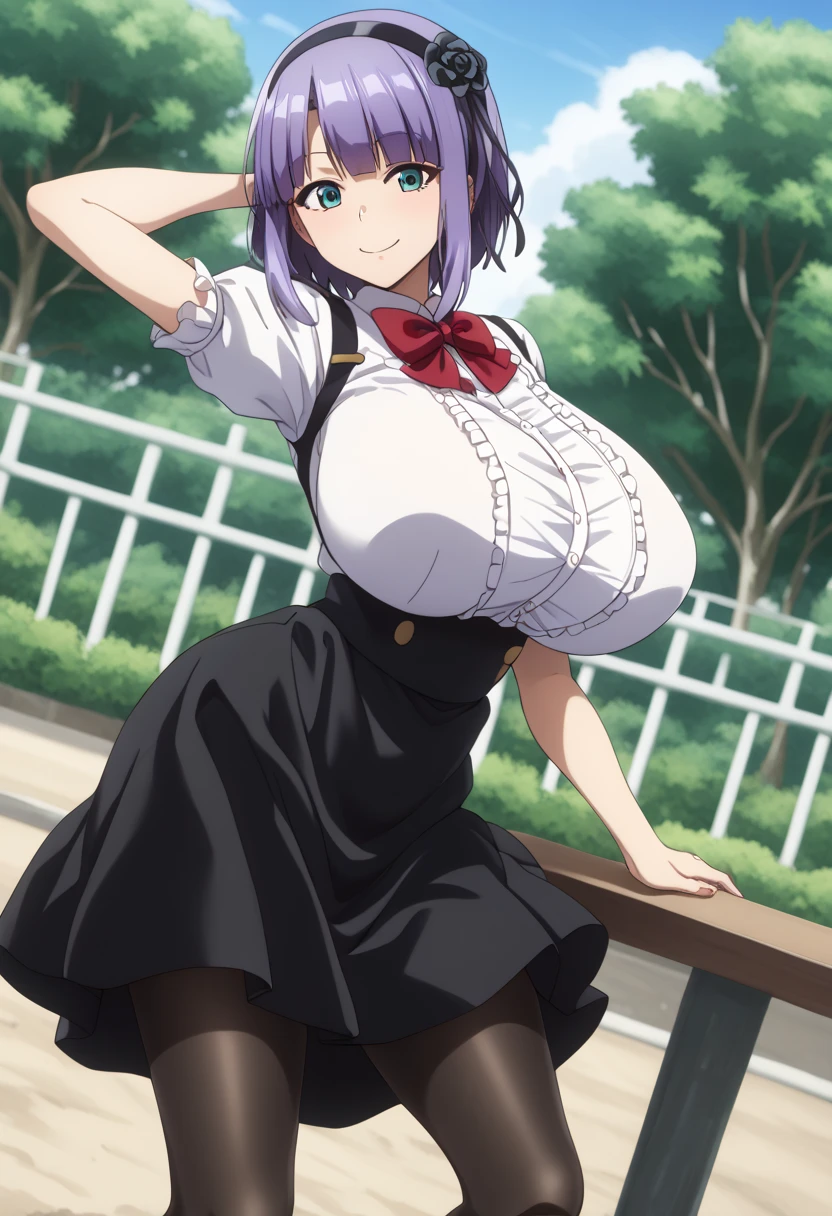 score_9, score_8_ up, score_7_ up,  Source_Anime, hotaru shidare,  short hair,  blue eyes,  hair accessories, Purple Hair, flower,  headband,  hair flower,  puffy eyes, Big Breasts,,  skirt,  pantyhose,  high heels by Miguel, black  pantyhose, high-waist  skirt,  shirt, frilled  shirt,  bow tie, red  bow tie,  puffy sleeve, Short sleeve,,  bike ride , countryside, Gravel road, tree々, Afternoon Sun, Peaceful, Alone, smile,  viewers, hand behind head, Alone,,  the cowboy shot,  Dutch angle、 zzz c  up , Exploding chest,Extra Largeの Big Breasts,Big Breasts, Big Breasts,超Big Breasts, s  upermilk ,big Breasts,big Breasts,Big Breasts,Big big breasts,bigger breasts,big,セクシーな大きなシリコンの Big Breasts,セクシーなビッグサイズのシリコン製Big Breasts, saggy breasts,((垂れ下がった Big Breasts)),((重く垂れた Big Breasts:1.5))、Obscene body,Fat ,,  erotic manga style stiletto body 、  mature body steam  、 Sir's huge  、 Sir's huge  、 Excessive 、 Extra Large、 over covered ,  hidden chest erections  、 腹筋 ものすごくbig乳房、 very big breasts、Breasts that take  up half of the body