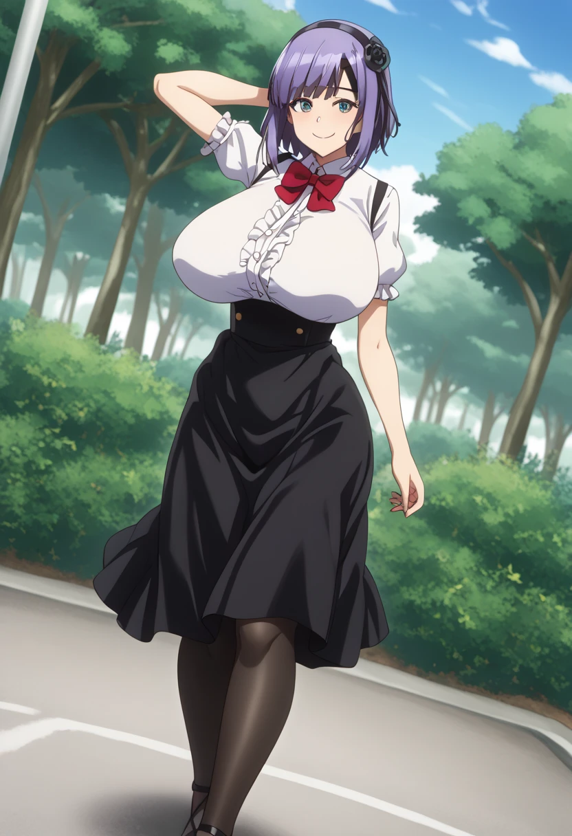 score_9, score_8_ up, score_7_ up,  Source_Anime, hotaru shidare,  short hair,  blue eyes,  hair accessories, Purple Hair, flower,  headband,  hair flower,  puffy eyes, Big Breasts,,  skirt,  pantyhose,  high heels by Miguel, black  pantyhose, high-waist  skirt,  shirt, frilled  shirt,  bow tie, red  bow tie,  puffy sleeve, Short sleeve,,  bike ride , countryside, Gravel road, tree々, Afternoon Sun, Peaceful, Alone, smile,  viewers, hand behind head, Alone,,  the cowboy shot,  Dutch angle、 zzz c  up , Exploding chest,Extra Largeの Big Breasts,Big Breasts, Big Breasts,超Big Breasts, s  upermilk ,big Breasts,big Breasts,Big Breasts,Big big breasts,bigger breasts,big,セクシーな大きなシリコンの Big Breasts,セクシーなビッグサイズのシリコン製Big Breasts, saggy breasts,((垂れ下がった Big Breasts)),((重く垂れた Big Breasts:1.5))、Obscene body,Fat ,,  erotic manga style stiletto body 、  mature body steam  、 Sir's huge  、 Sir's huge  、 Excessive 、 Extra Large、 over covered ,  hidden chest erections  、 腹筋 ものすごくbig乳房、 very big breasts、Breasts that take  up half of the body