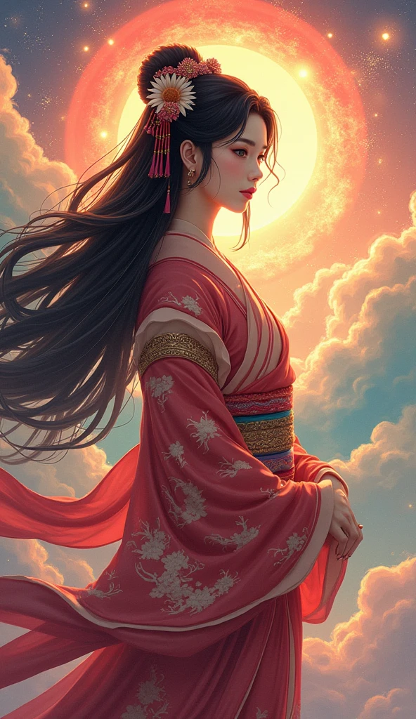  Beautiful Goddess Amaterasu, whole body, Japan's highest goddess ,  A gentle face,  beautiful dark hair, Takamagahara prayer, Vivid Rainbow Clouds ,  high image quality, masterpiece, manga anime, 