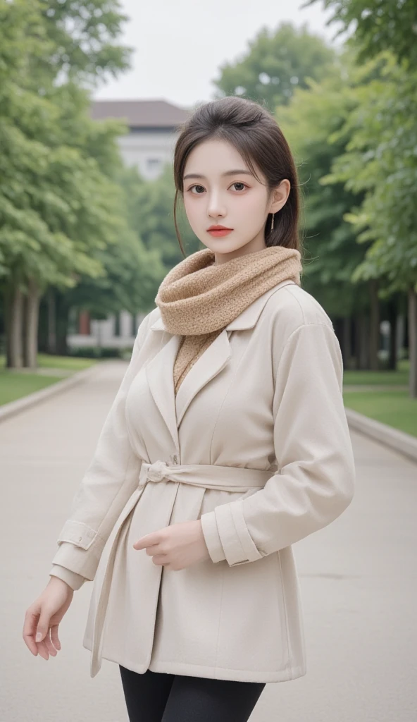  A cute and pretty girl ， wearing a light colored trench coat ， wears a soft knitted scarf ， walking along a tree-lined path in an old campus 。 The trench coat is retro style ， with big buttons and a flared hem。 scarf is a warm earthy color ， that wraps around her neck ，Adding a bit of comfort 。