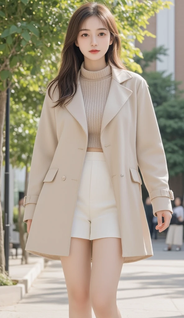  A cute and pretty girl ， wearing a light colored trench coat ， wears a soft knitted scarf ， walking along a tree-lined path in an old campus 。 The trench coat is retro style ， with big buttons and a flared hem。 scarf is a warm earthy color ， that wraps around her neck ，Adding a bit of comfort 。