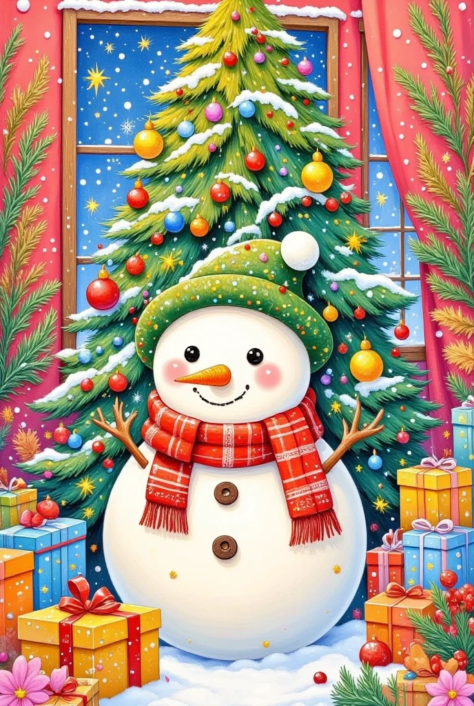 Oil painting illustration：  Christmas，It was snowing outside the window，A colorful  Christmas stocking and an adorable snowman placed inside a christmas tree on a surface covered with snow. 圣诞树上系着一个鲜艳的红色蝴蝶结,为场景增添了鲜艳的色彩. 背景是柔和的红色,营造温暖和节日的氛围.  high quality , high-resolution , Ultra Realistic , detailed,vibrant colors,冬季假期主题,Cheerful,Comfort,Artistic Expression.。粗糙的笔触和纹理 