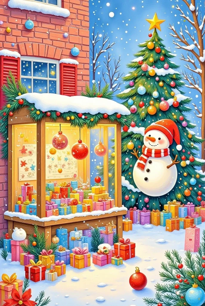 Oil painting illustration：  Christmas，It was snowing outside the window，A colorful  Christmas stocking and an adorable snowman placed inside a christmas tree on a surface covered with snow. 圣诞树上系着一个鲜艳的红色蝴蝶结,为场景增添了鲜艳的色彩. 背景是柔和的红色,营造温暖和节日的氛围.  high quality , high-resolution , Ultra Realistic , detailed,vibrant colors,冬季假期主题,Cheerful,Comfort,Artistic Expression.。粗糙的笔触和纹理 