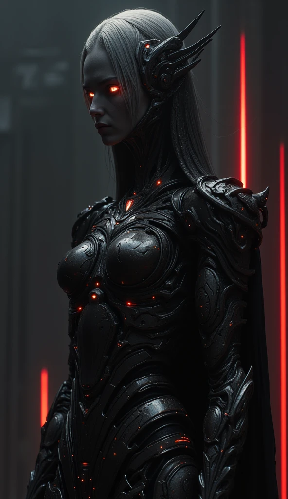 Gigantic mecha girl, full body, against a dark background lit with red lights, beautiful detailed face and long hair, an intricate design in the style of Yoji Shinkawa and Dominik Mayer, muted color palette of black, gray, and white tones, with cinematic lighting and intricate details, rendered in a hyper-realistic and cinematic style --ar 1:2 --personalize 2gwf1qc --stylize 750 --v 6.1
