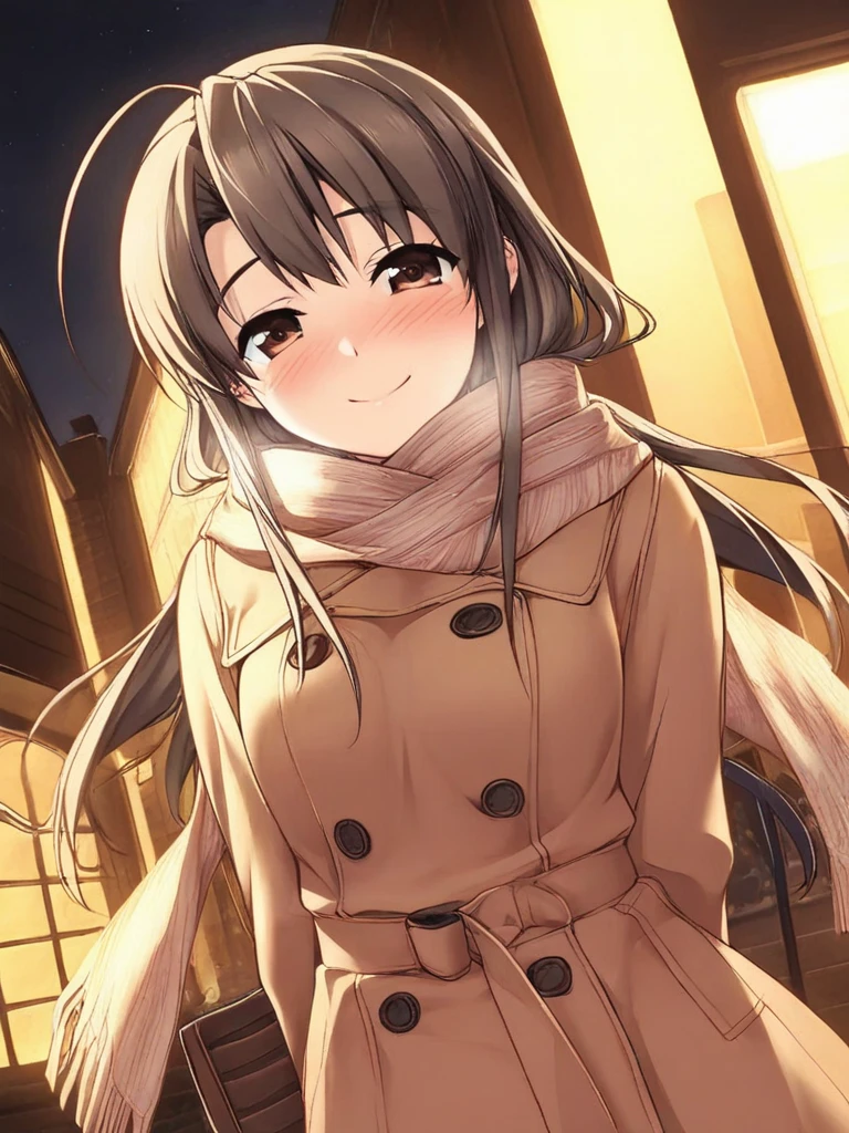 masterpiece, best quality, TakaiSayaka, 1girl, solo, long hair, brown hair, brown eyes, breasts, ahoge, smile, happy, blush, Trench Coat and Scarf, Cute and warm clothes, cold winter night, cinematic angle,