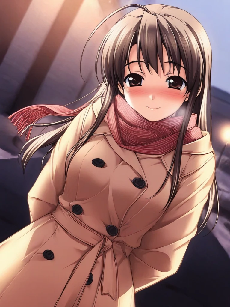 masterpiece, best quality, TakaiSayaka, 1girl, solo, long hair, brown hair, brown eyes, breasts, ahoge, smile, happy, blush, Trench Coat and Scarf, Cute and warm clothes, cold winter night, cinematic angle,