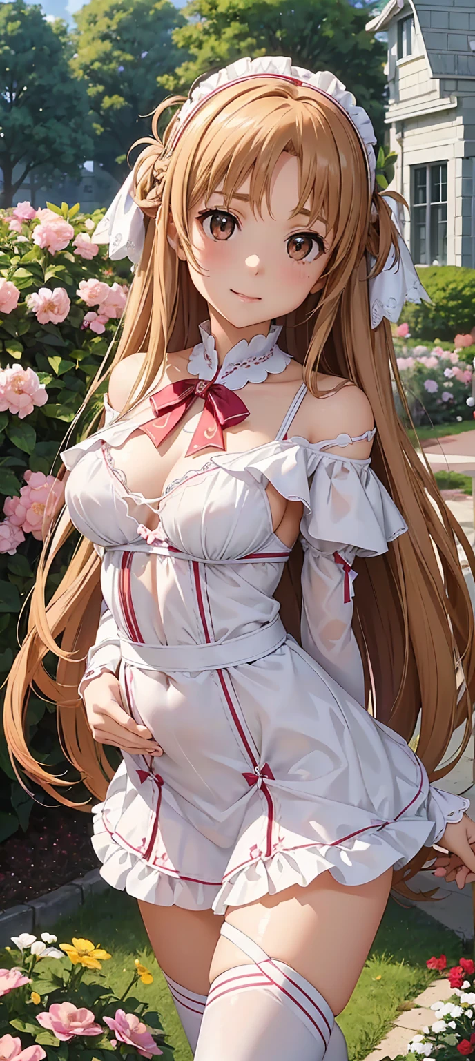 1girl, mature female, shiny skin, (masterpeice), (wallpaper), (high quality), (absurdres),maeve, black legwear, blonde hair, blue sky, blush, breasts, closed mouth, day, detached sleeves, flower, flower ornament, hair ornament, large breasts, looking at viewer, low twintails, two-tone hair, navel, outdoors, pink rose, red flower, red rose, rose, skirt, sky, smile, solo, thighhighs, torn clothes, torn legwear, twintails, underboob, very long hair,white shirt,frilled shirt, frilled skirt, slingshot swimsuit, skirt lift, red eyes,garden, park, tree,