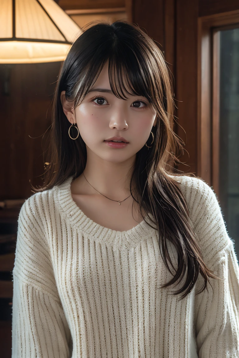 masterpiece, highest quality, 8k, 20th Generation, Large Breasts, cute, alone, sad, cute, Girlish, Delicate girl, Pure beauty, RAW Photos, Professional photography, Portraiture, Soft Light, Professional Lighting, Backlight, Head to Knee, avert your eyes, Sophisticated, Film Grain, (Eyes and facial details:1.0), Short floating hair, Beautiful, flowing hair, bangs, (Loose cardigan(Beige))、(Large Breasts:1.0)、You can see a little cleavage、Micro Mini Skirt、Voluptuous thighs、Dolly Makeup、Odd Eye、The colour of the eyes are opposites