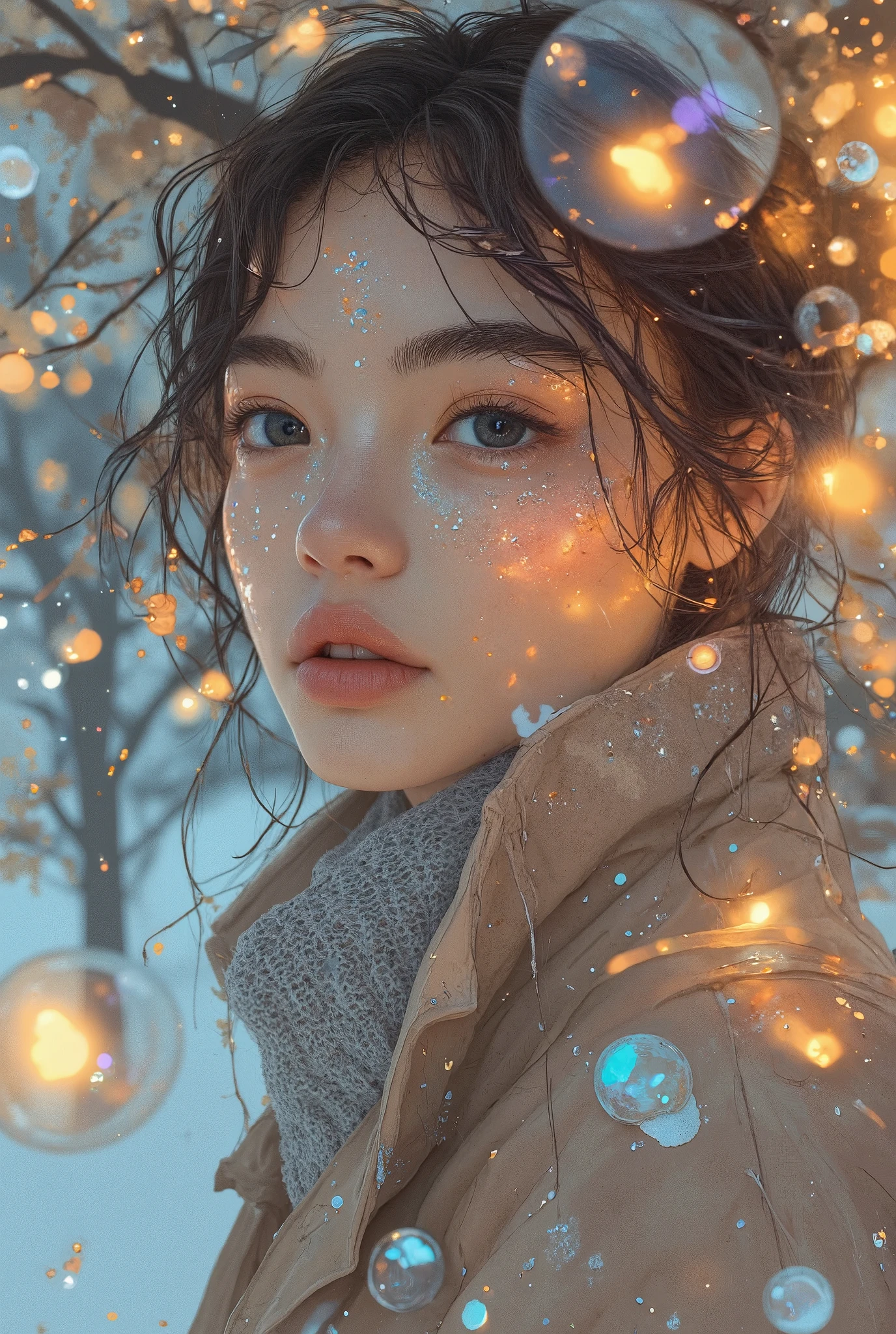 a beautiful young woman in a trench coat and a scarf,  in a snowy town , cold atmosphere,  detailed face and eyes,  intricate folds of clothing ,  soft lighting ,  winter landscape , warm tones, photorealistic ,  film composition ,  art, chiaroscuro, cinematic lighting, Fujicolor, UHD, Retina, masterpiece, Accurate,  anatomically correct , textured skin, Super detail, high details, high quality,  award winning , best quality, highres, 1080P, HD, 16K