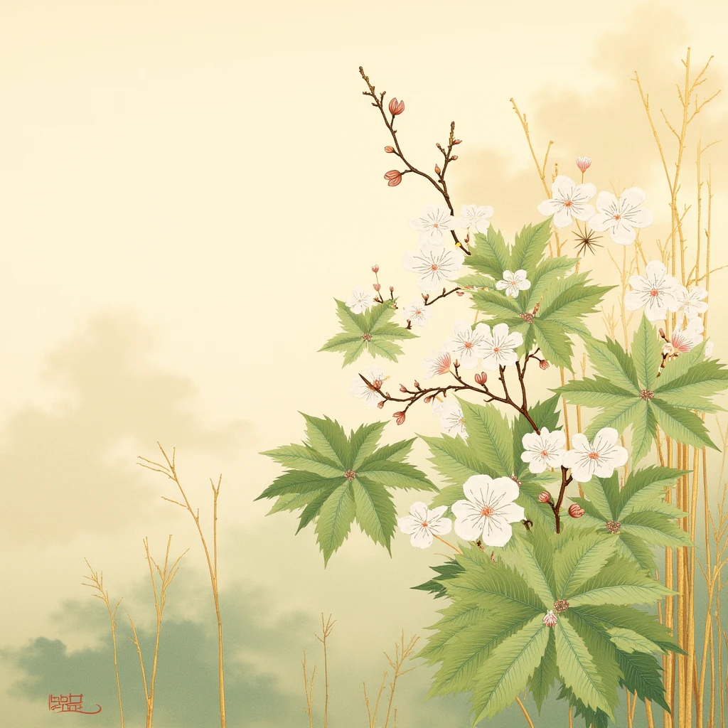 a traditional Japanese-style painting featuring delicate white flowers blooming amidst lush green foliage, inspired by classical Japanese art. The background should have a soft, muted beige tone with subtle golden accents and abstract grass-like patterns for depth. Include intricate details in the leaves, showing realistic veins and a variety of earthy green hues. Incorporate small additional plants and blossoms, maintaining a harmonious and serene composition. Use a watercolor or ink painting style to capture the elegance and tranquility of traditional Japanese aesthetics.
she is gently smiling with tilted head.