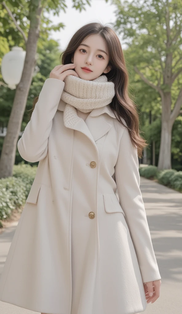  A cute and pretty girl ， wearing a light colored trench coat ， wears a soft knitted scarf ， walking along a tree-lined path in an old campus 。 The trench coat is retro style ， with big buttons and a flared hem。 scarf is a warm earthy color ， that wraps around her neck ，Adding a bit of comfort 。