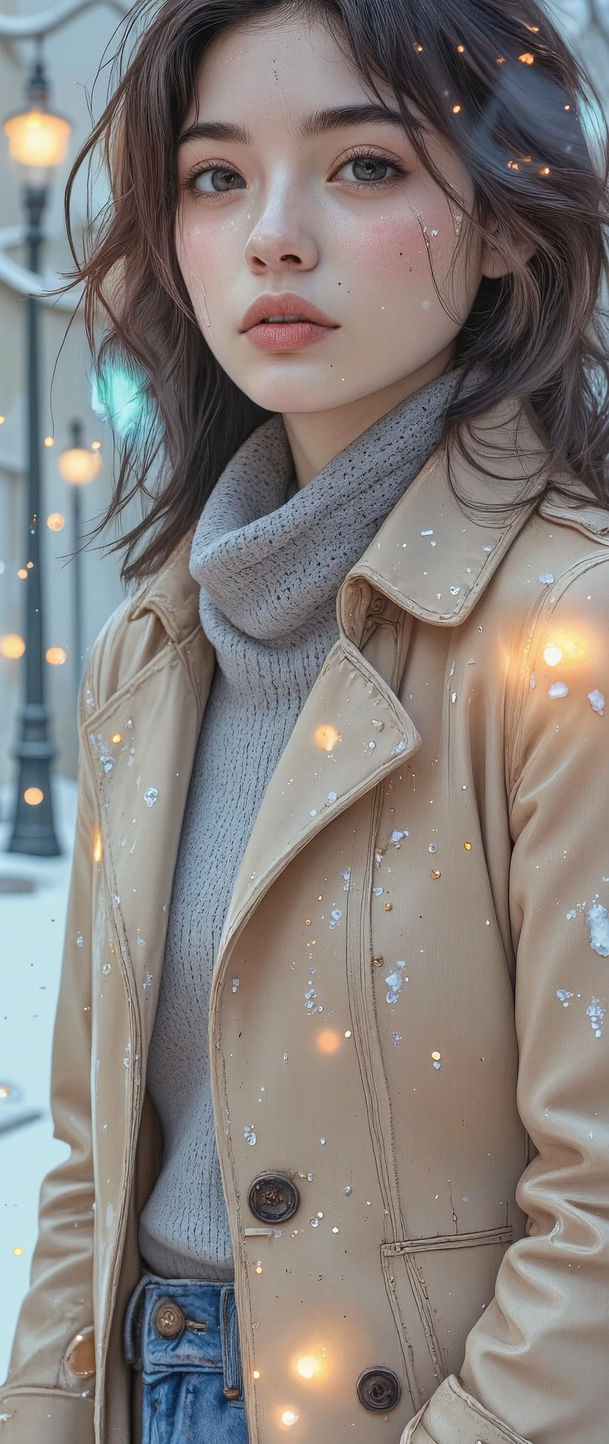  general plan , a beautiful young woman in a trench coat and a scarf,  in a snowy town , cold atmosphere,  detailed face and eyes,  intricate folds of clothing ,  soft lighting ,  winter landscape , warm tones, photorealistic ,  film composition ,  art, chiaroscuro, cinematic lighting, Fujicolor, UHD, Retina, masterpiece, Accurate,  anatomically correct , textured skin, Super detail, high details, high quality,  award winning , best quality, highres, 1080P, HD, 16K