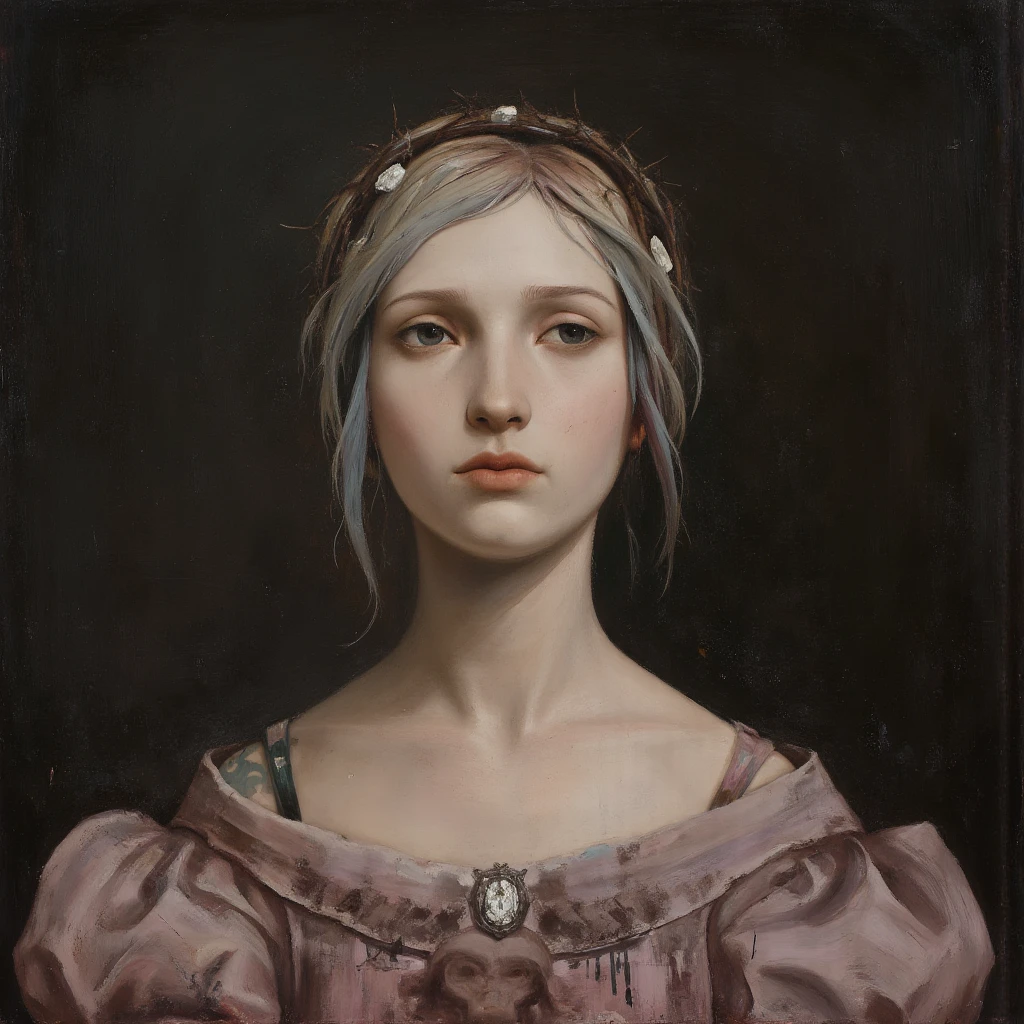 A Renaissance and Baroque art of Chloe Price (Life Is Strange), she wears a diamonds crown of thorns, sad look , Looking like women in baroque paintings, Leonardo Da Vinci art style, Vincent Van Gogh painting type, carefully painting, expressive, she wears a pink baroque/princess dress