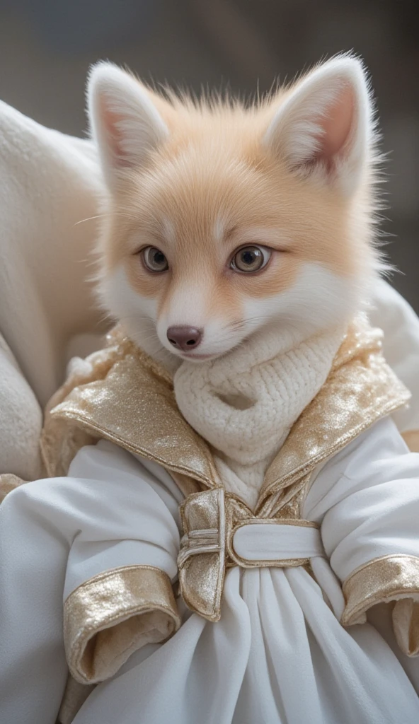  A small magical creature ， that looks like a combination of a fox and an elf ，Wear a mini 、 A magical trench coat and a glowing scarf 。 windbreaker made of shiny 、 color-changing fabric ， scarf that emits a soft magical glow 。 This creature has a large 、 Curious eyes and a furry tail。