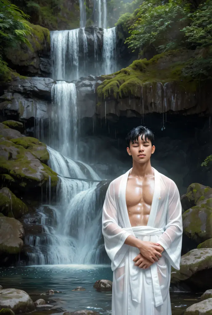 korean men, fit, white skin, Have muscles, Six pack, waterfall, Age 20, Thin see-through panties, Pose, The thin cloth is wet and can be seen., wet, water droplets splashing, 1 leg stepping on stones, A lot of men.