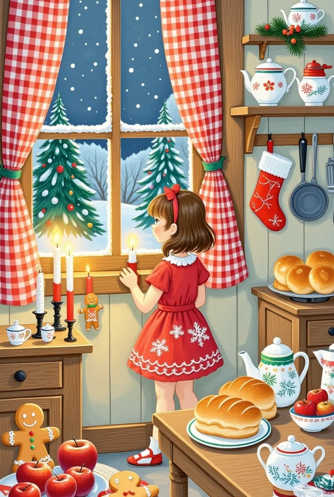 Christmas illustration ，window，table，bread，cake，Candle，glass，Christmas tree，curtain，sock，kitchen，Gingerbread Man， apples，girl