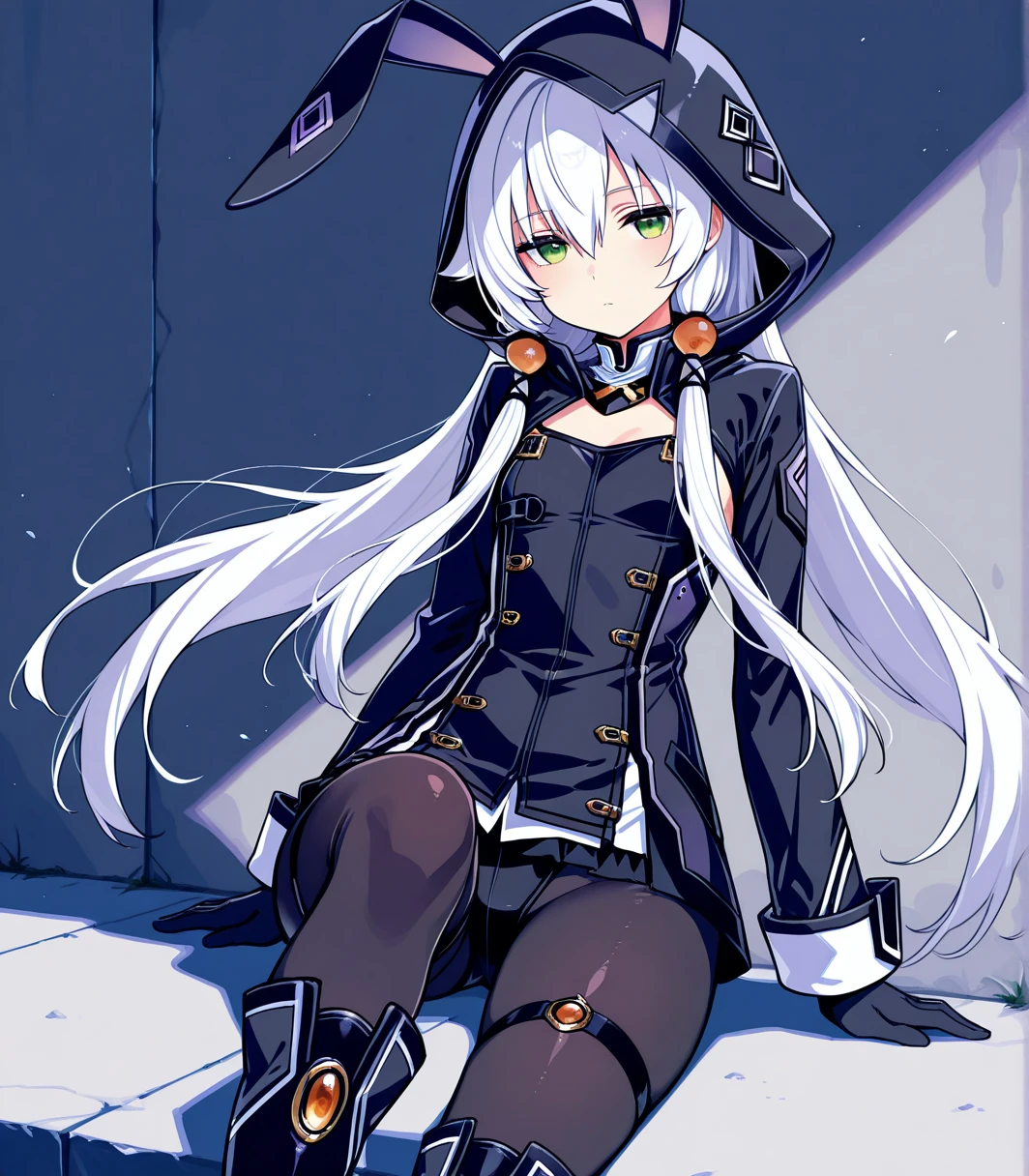 best quality,masterpiece,very aesthetic,absurdres,8k,1girl, Altina Orion, white hair, long hair, low twintails, hair ornament, sidelocks, green eyes, flat chest, hood, black bunny ears, black bodysuit, long sleeves, black boots,